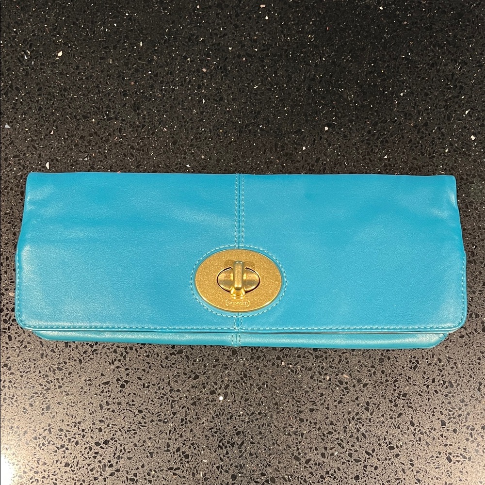 COACH Madison Teal Blue Leather Turn-Lock Fold Over Clutch